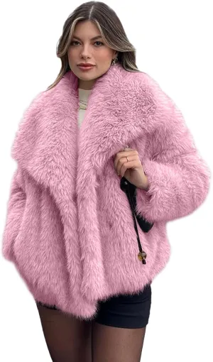 Shiyifa Faux Fur Coat for Women Fluffy Faux Fur Jacket Long Sleeve Open Front Cropped Fuzzy Outerwear