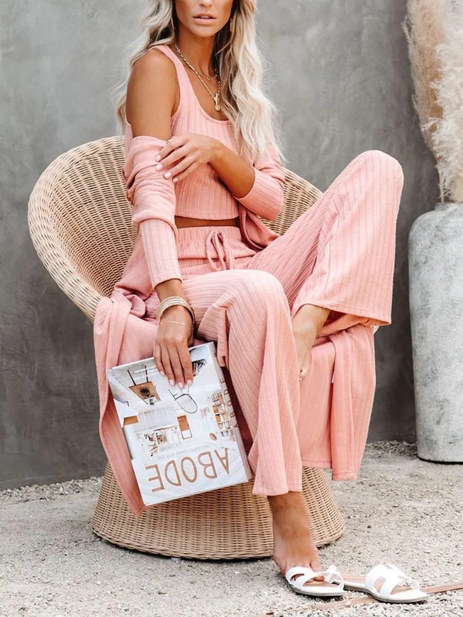 Solid Color Knitted Three-Piece Suit