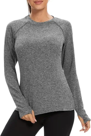Soneven Women's Thermal Fleece Running Shirts Compression Shirts Quick Dry Workout Pullover Tops with Thumb Holes