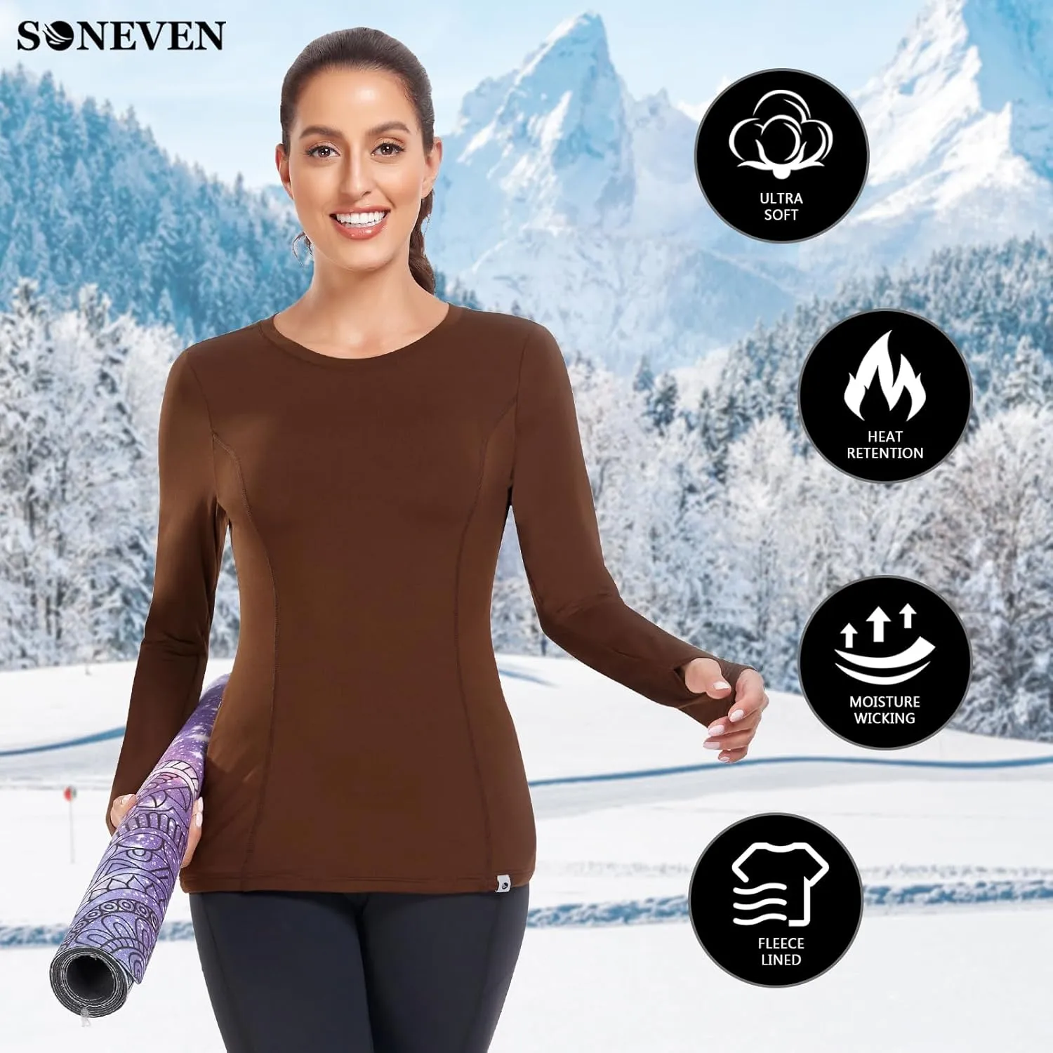 Soneven Women's Thermal Fleece Running Shirts Compression Shirts Quick Dry Workout Pullover Tops with Thumb Holes
