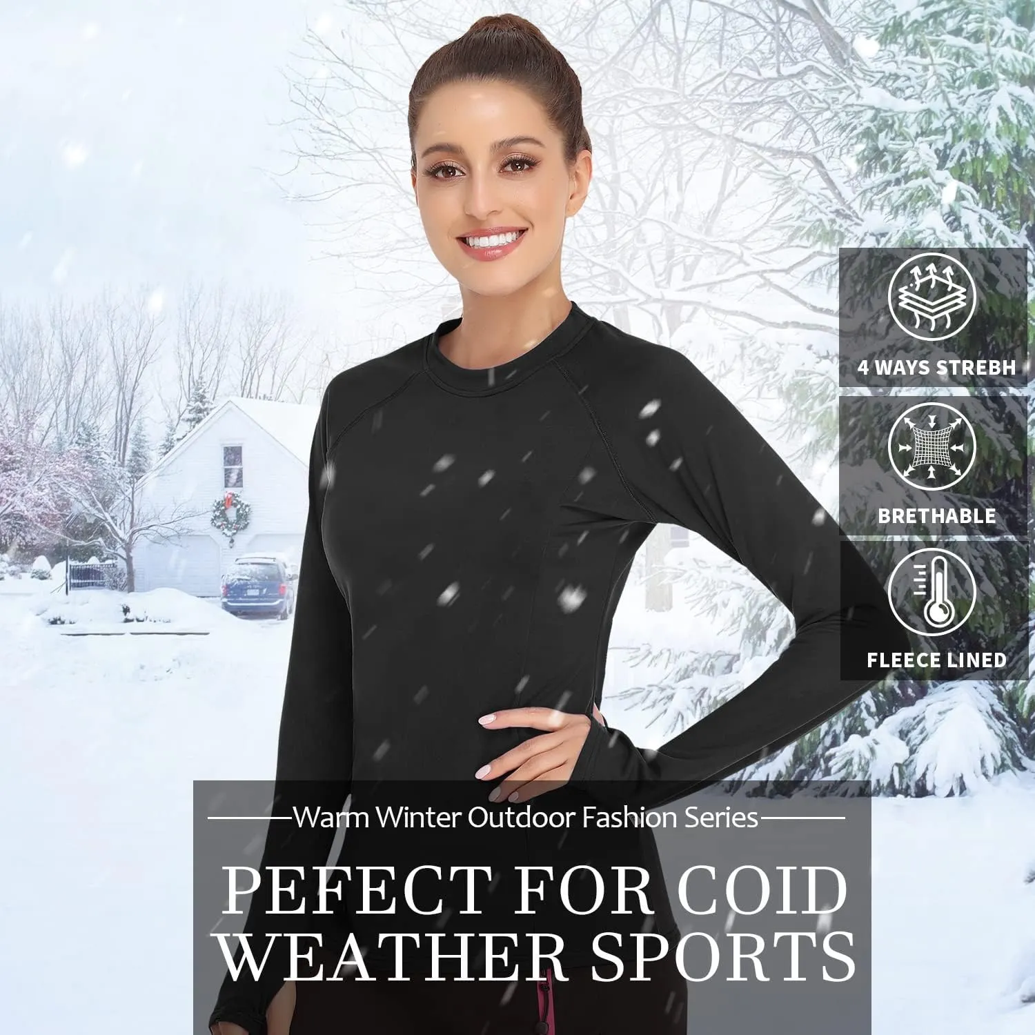 Soneven Women's Thermal Fleece Running Shirts Compression Shirts Quick Dry Workout Pullover Tops with Thumb Holes