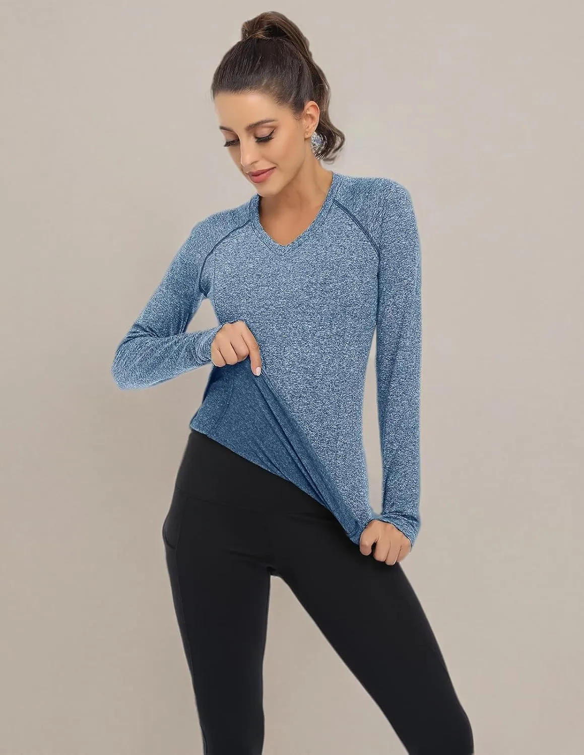 Soneven Women's Thermal Fleece Running Shirts Compression Shirts Quick Dry Workout Pullover Tops with Thumb Holes