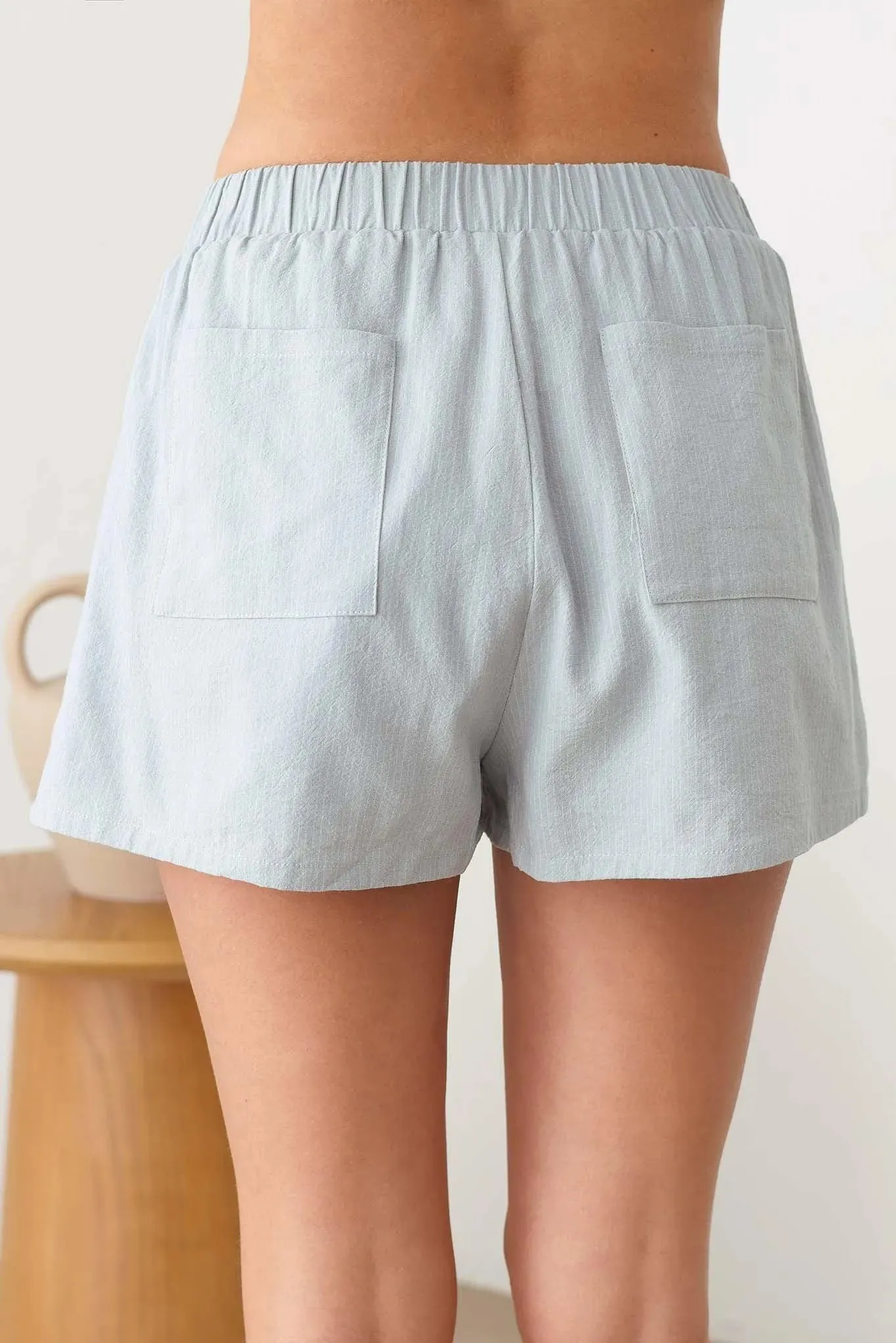 Stripe Pattern Sleeveless Round Neck & Four Pocket Elastic Waist Line Short Set
