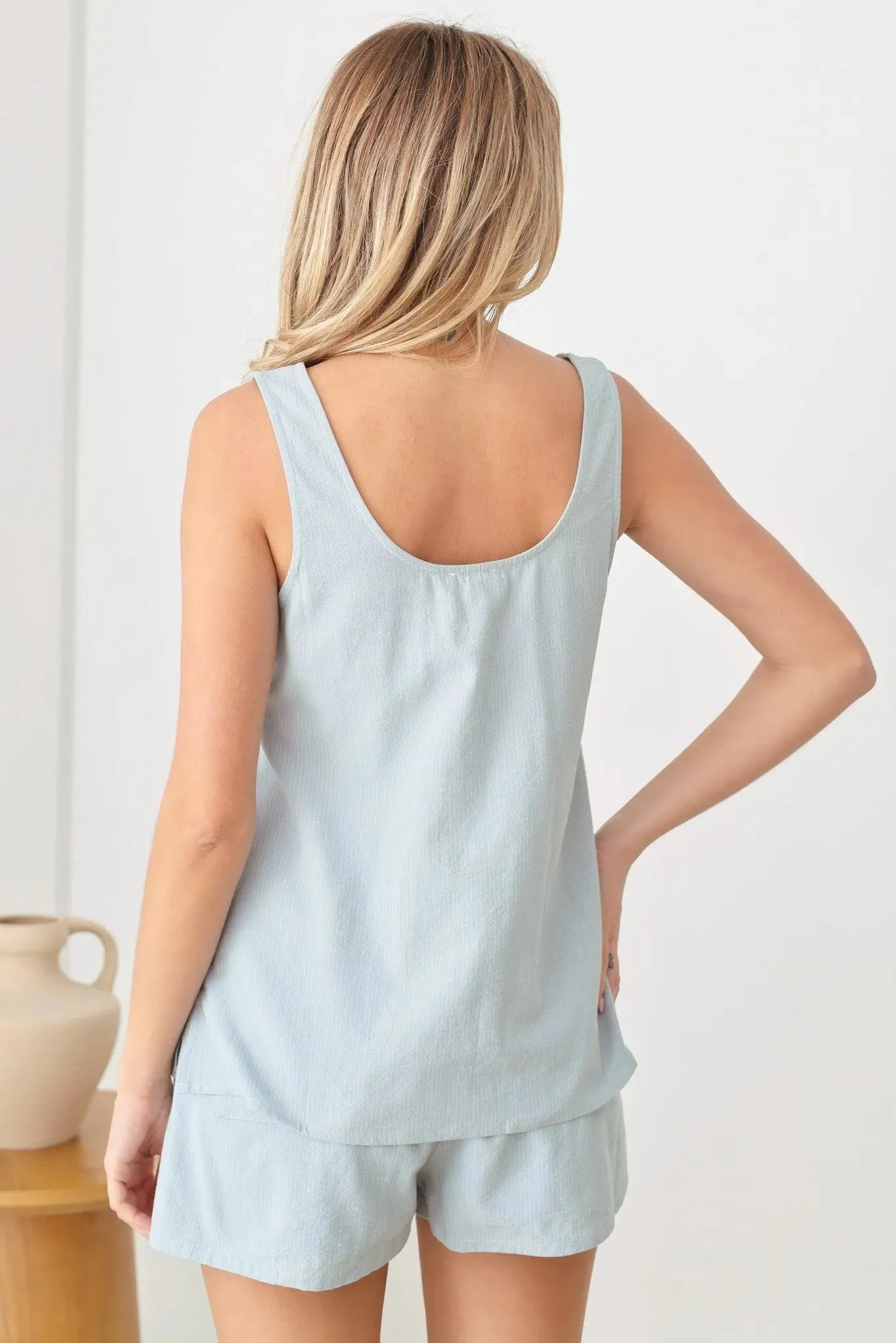 Stripe Pattern Sleeveless Round Neck & Four Pocket Elastic Waist Line Short Set