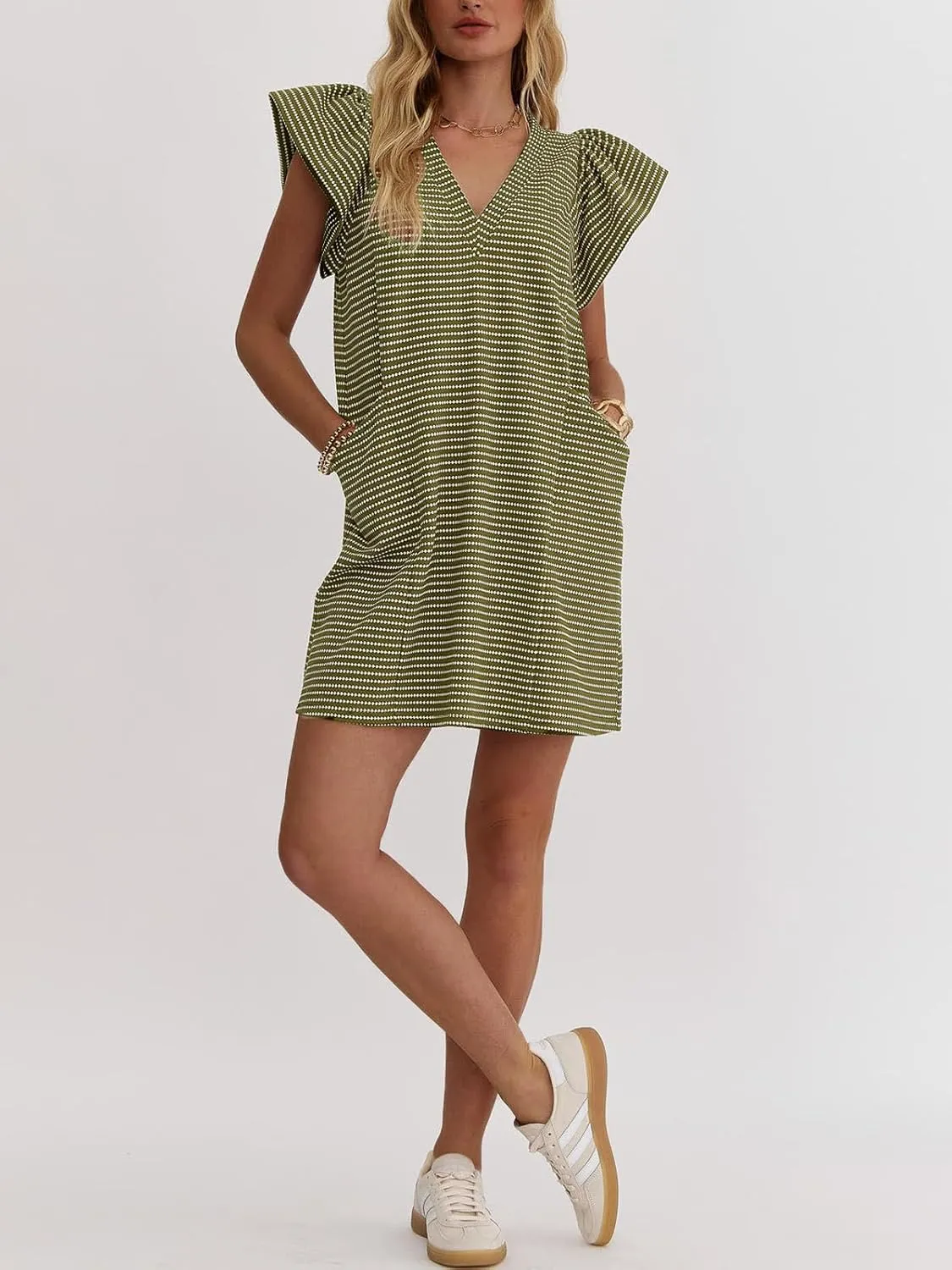 Striped V-Neck Mini Dress for Women Puff Sleeve Casual Dress with Pockets, Comfortable & Stylish for Summer