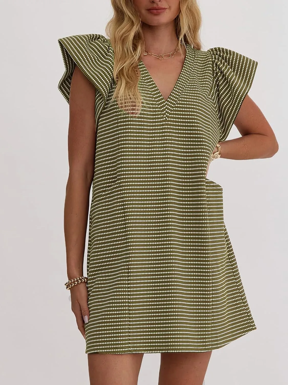 Striped V-Neck Mini Dress for Women Puff Sleeve Casual Dress with Pockets, Comfortable & Stylish for Summer