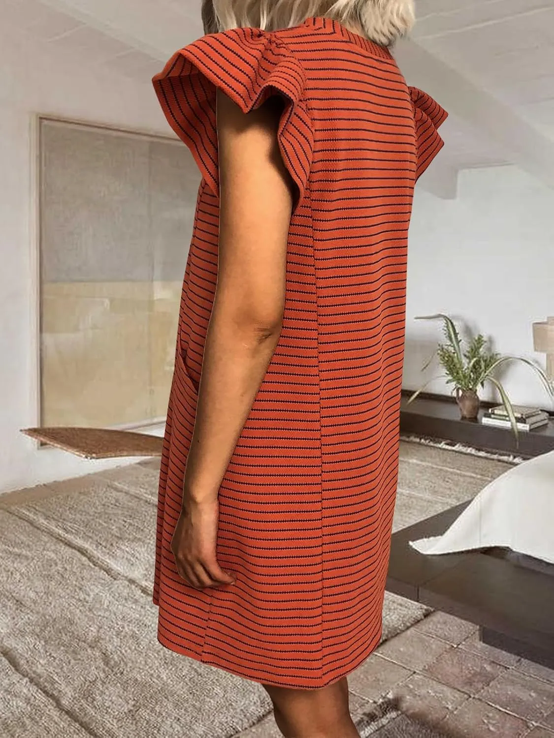 Striped V-Neck Mini Dress for Women Puff Sleeve Casual Dress with Pockets, Comfortable & Stylish for Summer