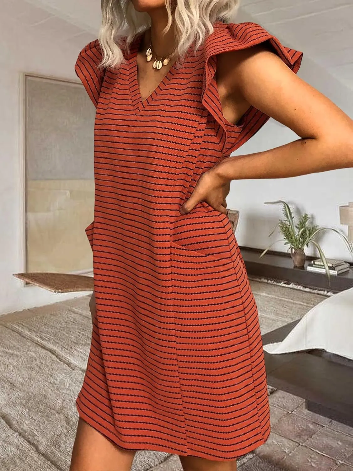 Striped V-Neck Mini Dress for Women Puff Sleeve Casual Dress with Pockets, Comfortable & Stylish for Summer