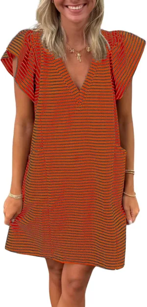 Striped V-Neck Mini Dress for Women Puff Sleeve Casual Dress with Pockets, Comfortable & Stylish for Summer