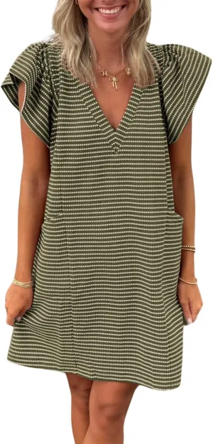 Striped V-Neck Mini Dress for Women Puff Sleeve Casual Dress with Pockets, Comfortable & Stylish for Summer