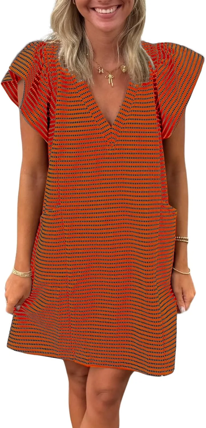 Striped V-Neck Mini Dress for Women Puff Sleeve Casual Dress with Pockets, Comfortable & Stylish for Summer