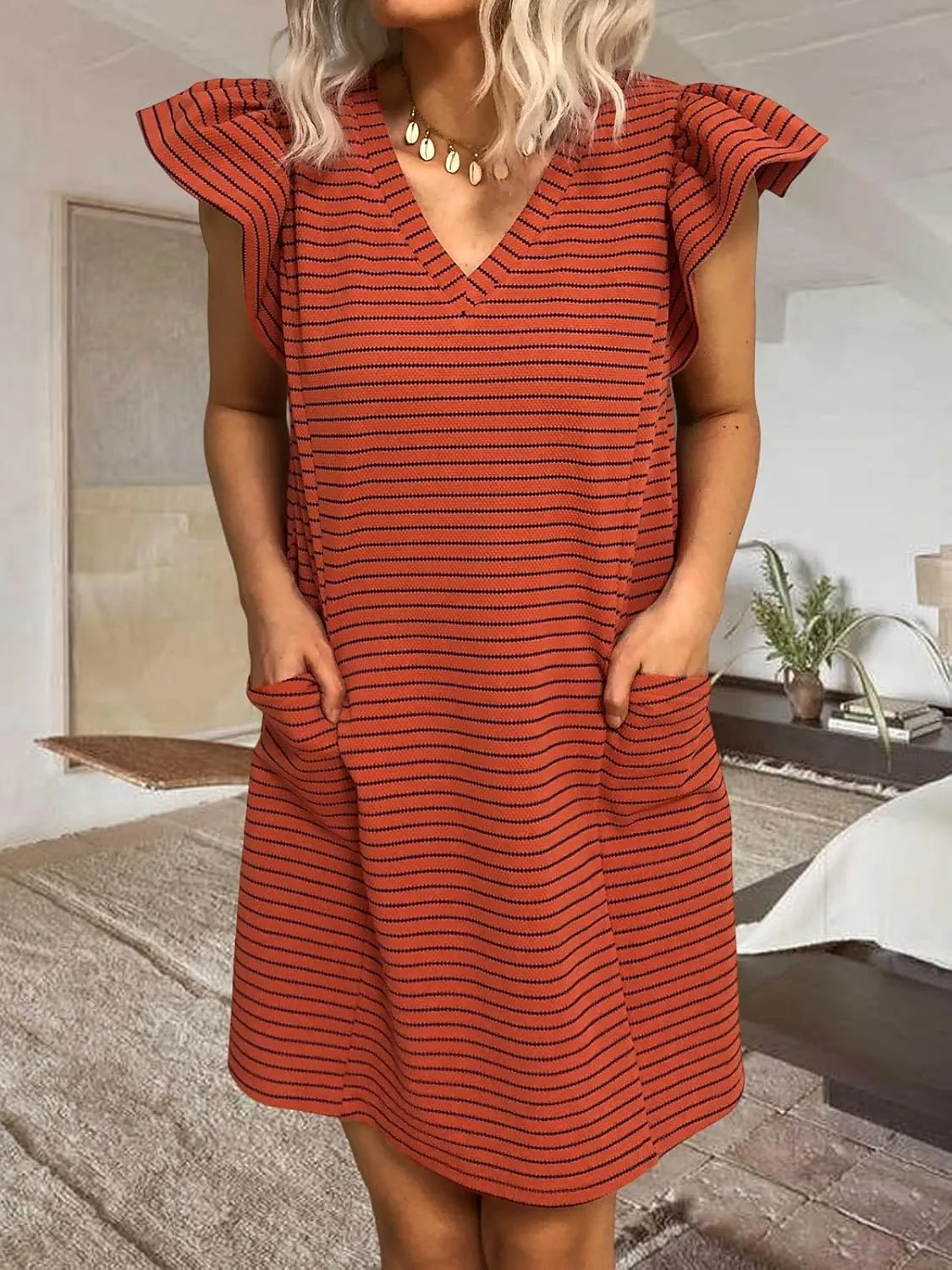 Striped V-Neck Mini Dress for Women Puff Sleeve Casual Dress with Pockets, Comfortable & Stylish for Summer
