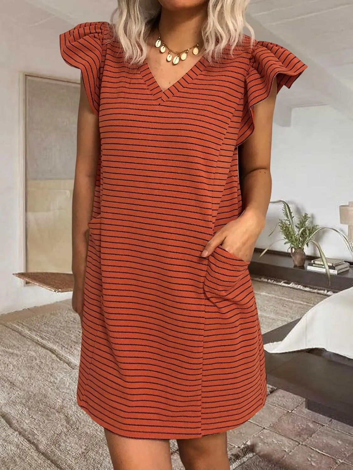 Striped V-Neck Mini Dress for Women Puff Sleeve Casual Dress with Pockets, Comfortable & Stylish for Summer