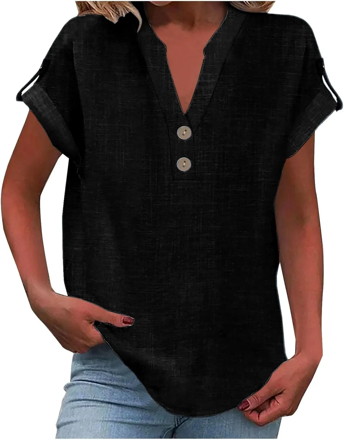 Summer Linen Tops for Women Trendy 2025 Dressy Short Sleeve V Neck Button Down Shirts Loose Tunic Shirt Blouses