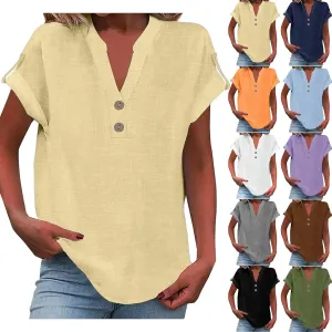 Summer Linen Tops for Women Trendy 2025 Dressy Short Sleeve V Neck Button Down Shirts Loose Tunic Shirt Blouses