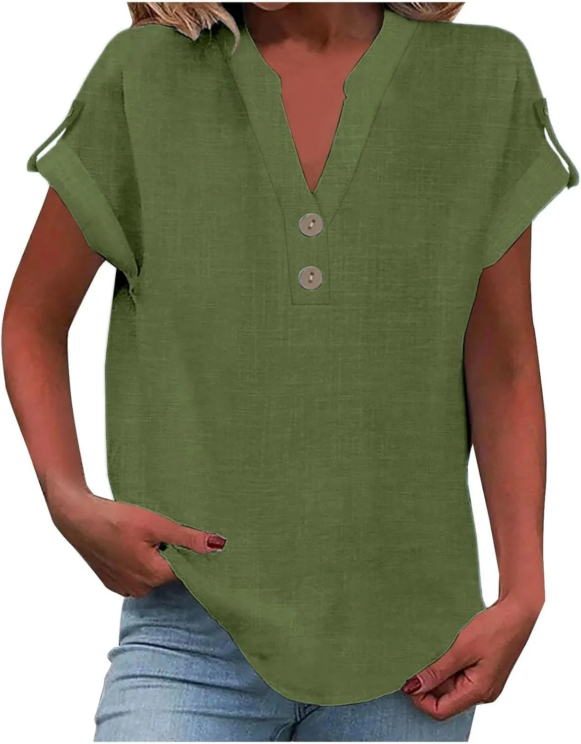 Summer Linen Tops for Women Trendy 2025 Dressy Short Sleeve V Neck Button Down Shirts Loose Tunic Shirt Blouses
