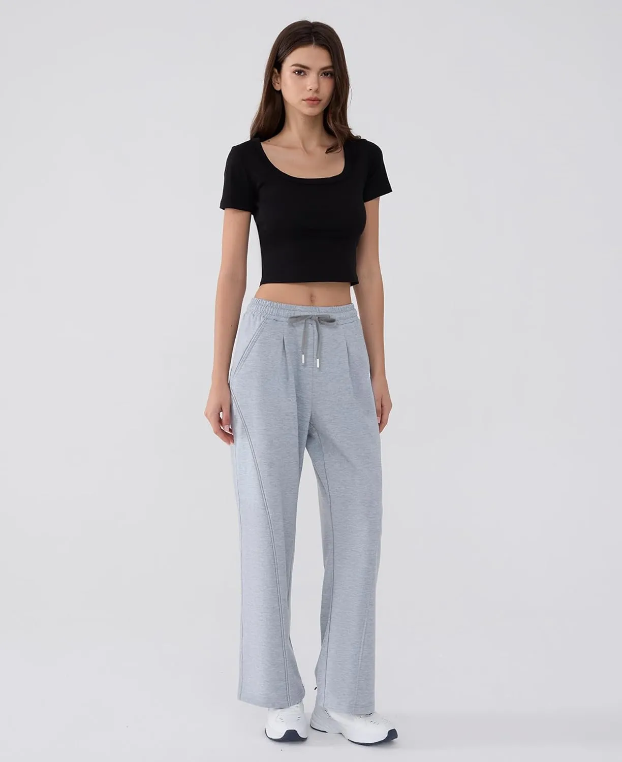 Susclude Baggy Sweatpants for Women Y2k Wide Leg Pants Summer High Waisted Drawstring Pleated Lightweight Pants with Pockets