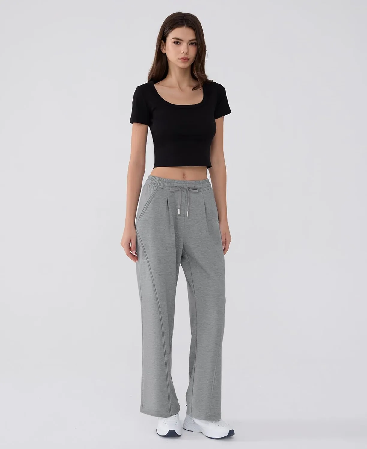 Susclude Baggy Sweatpants for Women Y2k Wide Leg Pants Summer High Waisted Drawstring Pleated Lightweight Pants with Pockets
