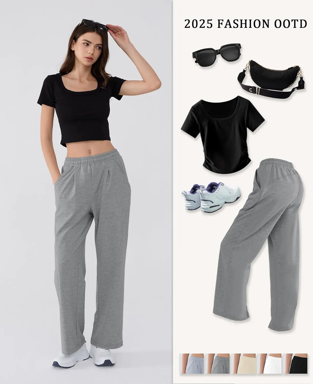 Susclude Baggy Sweatpants for Women Y2k Wide Leg Pants Summer High Waisted Drawstring Pleated Lightweight Pants with Pockets