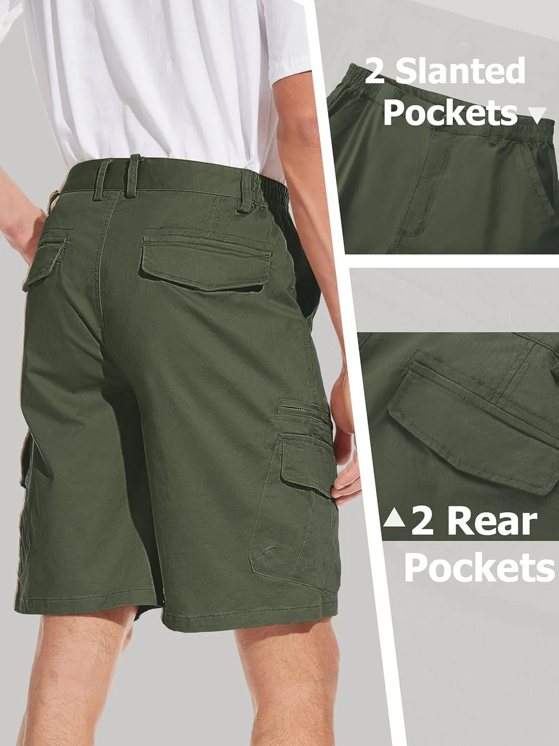TACVASEN Men's Cargo Short 7 Pockets Comfortable Cotton Elastic Waist Causal Work Shorts