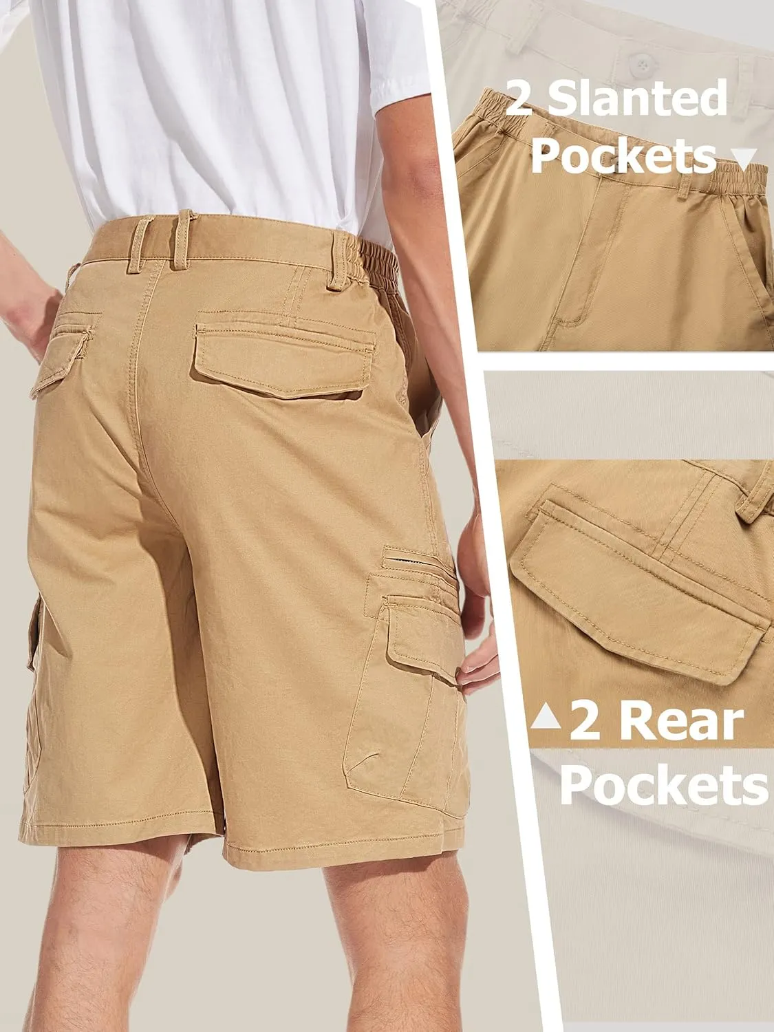 TACVASEN Men's Cargo Short 7 Pockets Comfortable Cotton Elastic Waist Causal Work Shorts