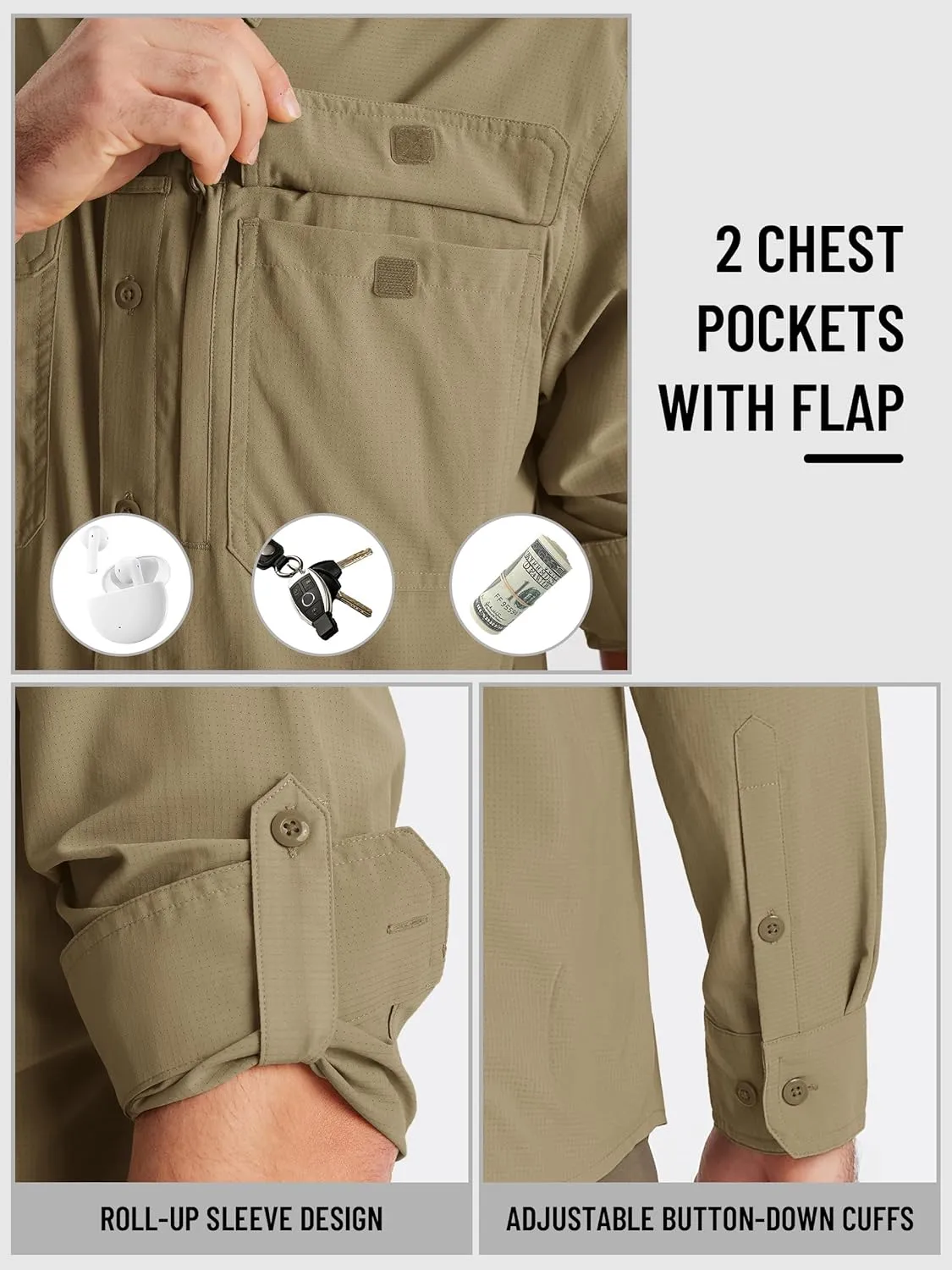 TACVASEN Men's Fishing Shirts Long Sleeve Sun Protection UPF50  Quick Dry Button Down Shirts with Zipper Pockets