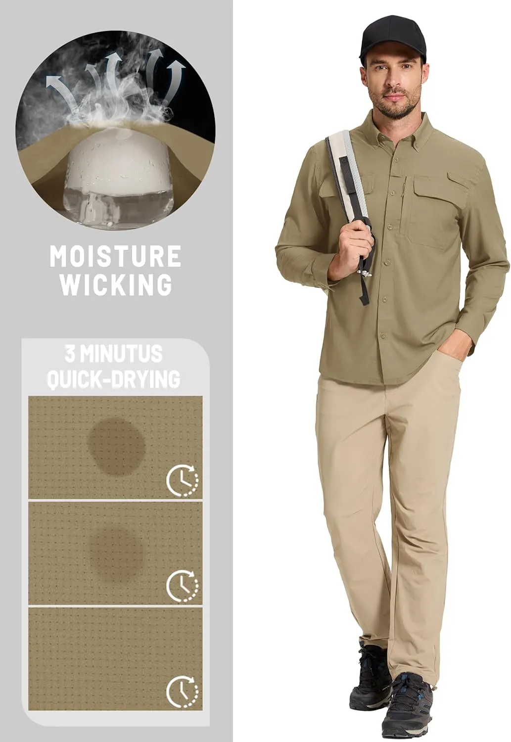 TACVASEN Men's Fishing Shirts Long Sleeve Sun Protection UPF50  Quick Dry Button Down Shirts with Zipper Pockets