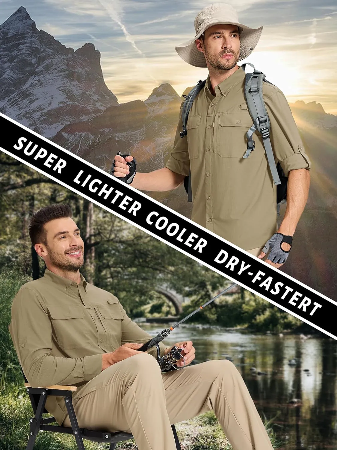 TACVASEN Men's Fishing Shirts Long Sleeve Sun Protection UPF50  Quick Dry Button Down Shirts with Zipper Pockets