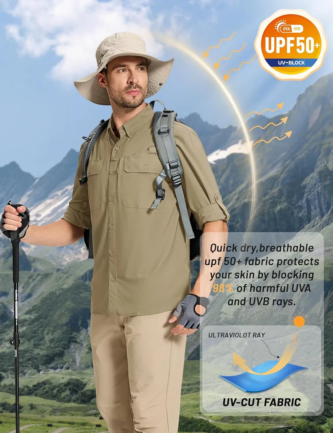 TACVASEN Men's Fishing Shirts Long Sleeve Sun Protection UPF50  Quick Dry Button Down Shirts with Zipper Pockets