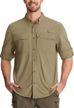 TACVASEN Men's Fishing Shirts Long Sleeve Sun Protection UPF50  Quick Dry Button Down Shirts with Zipper Pockets
