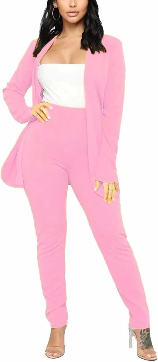 Tcremisa Women's Casual Pants Suit 2 Piece Business Outfits Solid Long Sleeve Blazer and Pencil Pant Sets