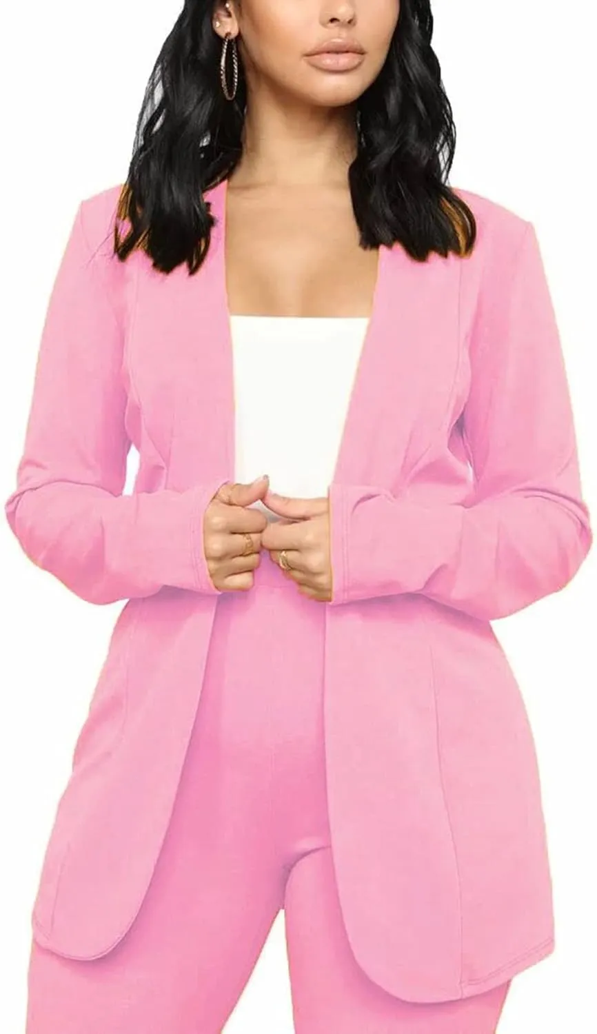 Tcremisa Women's Casual Pants Suit 2 Piece Business Outfits Solid Long Sleeve Blazer and Pencil Pant Sets