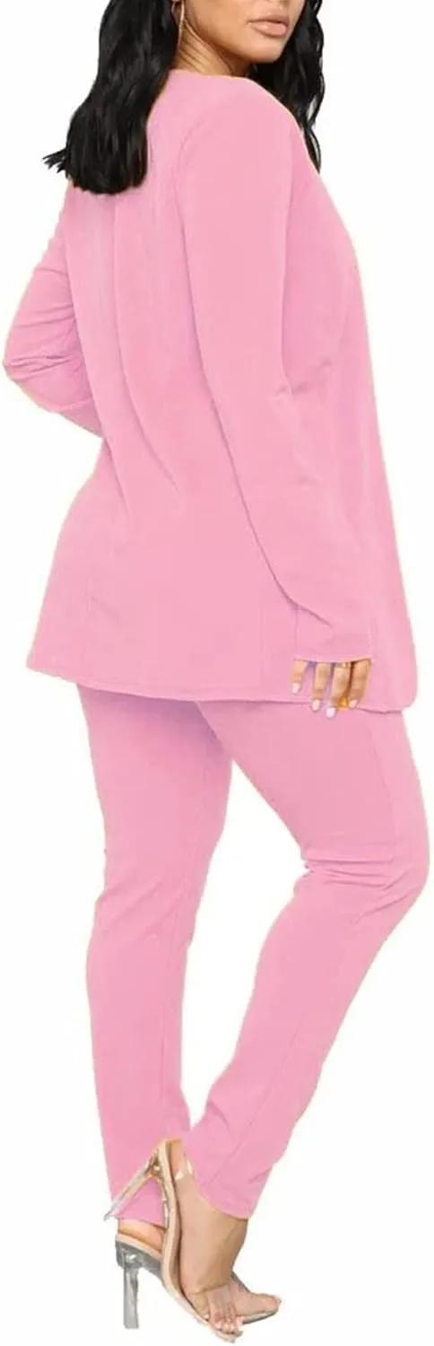Tcremisa Women's Casual Pants Suit 2 Piece Business Outfits Solid Long Sleeve Blazer and Pencil Pant Sets