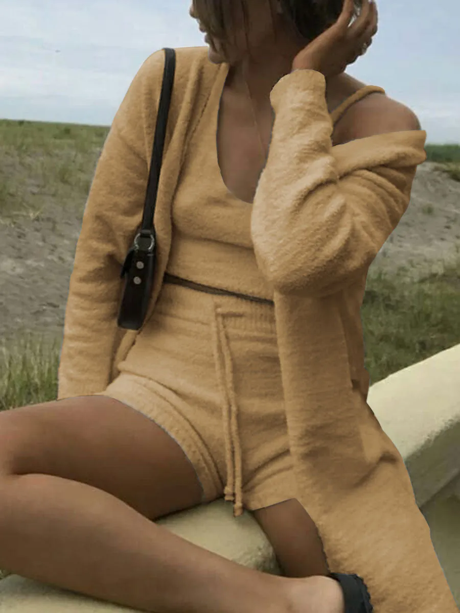 Three-Piece Set Of Solid Color Casual Shorts