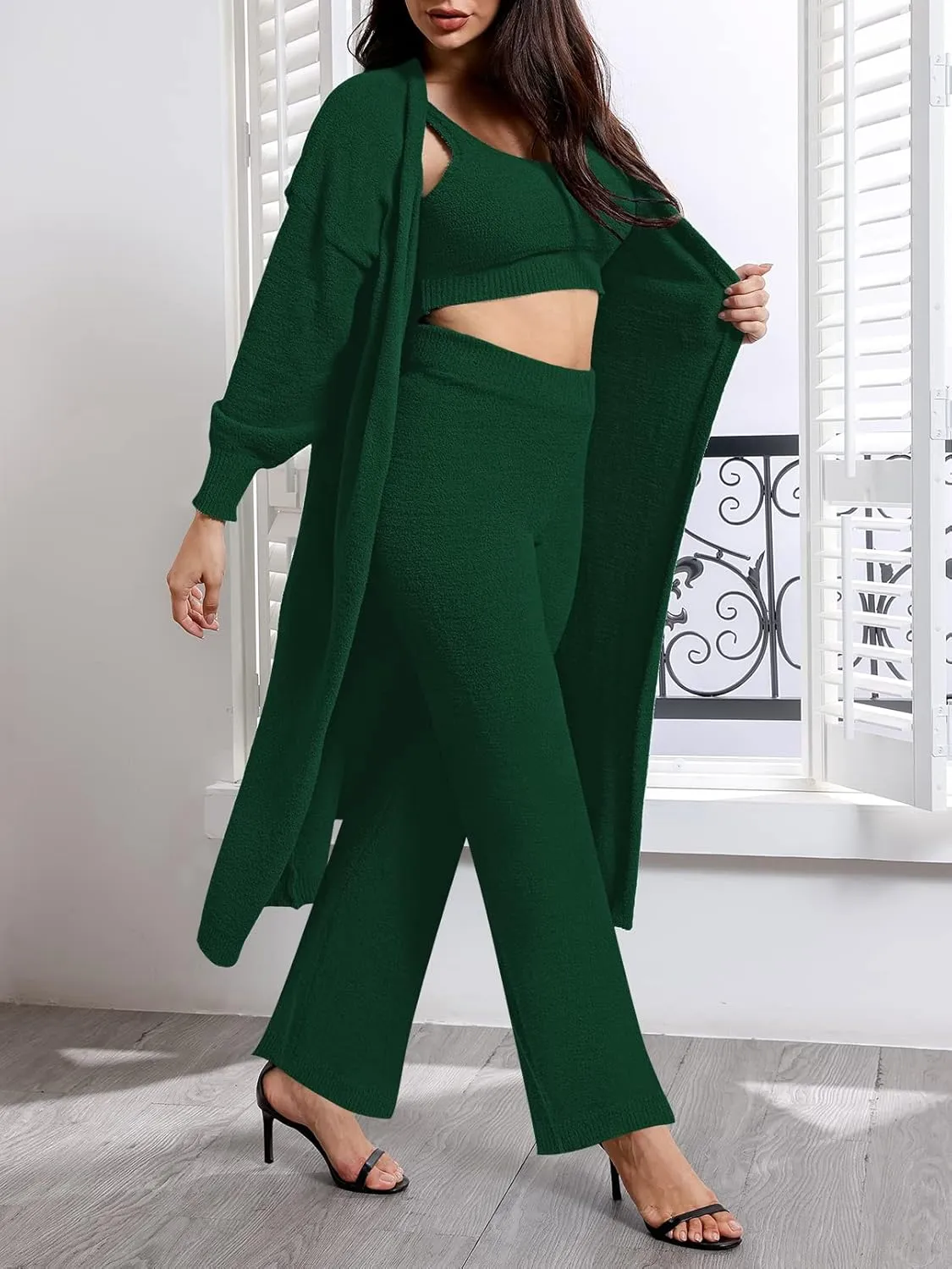 TOLENY Women's Fuzzy 3 Piece Lounge Sets Sweatsuits Open Front Cardigan Crop Tank Tops Wide Legs Pants Outfits