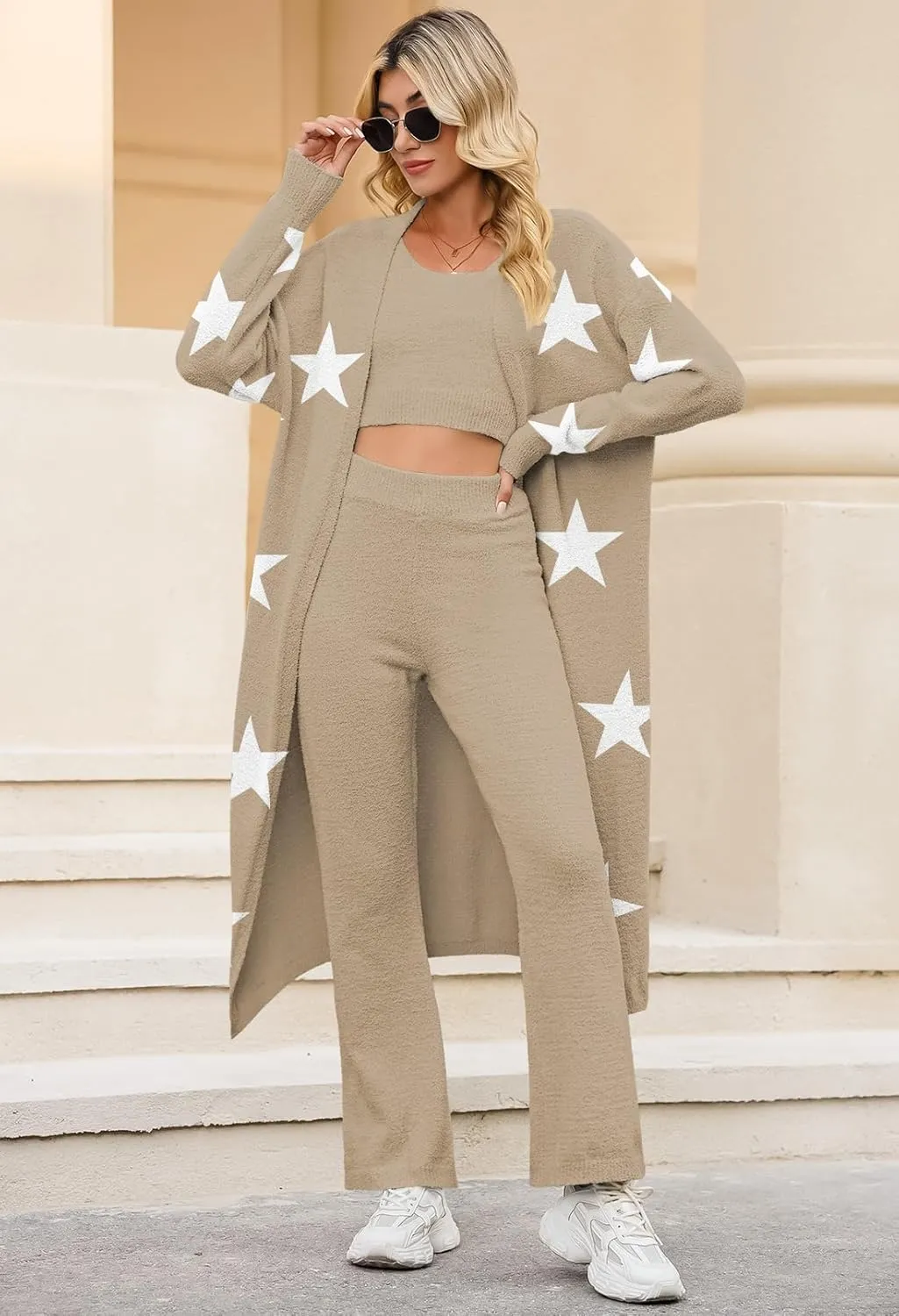 TOLENY Women's Fuzzy 3 Piece Lounge Sets Sweatsuits Open Front Cardigan Crop Tank Tops Wide Legs Pants Outfits