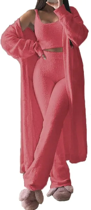 TOLENY Women's Fuzzy 3 Piece Lounge Sets Sweatsuits Open Front Cardigan Crop Tank Tops Wide Legs Pants Outfits