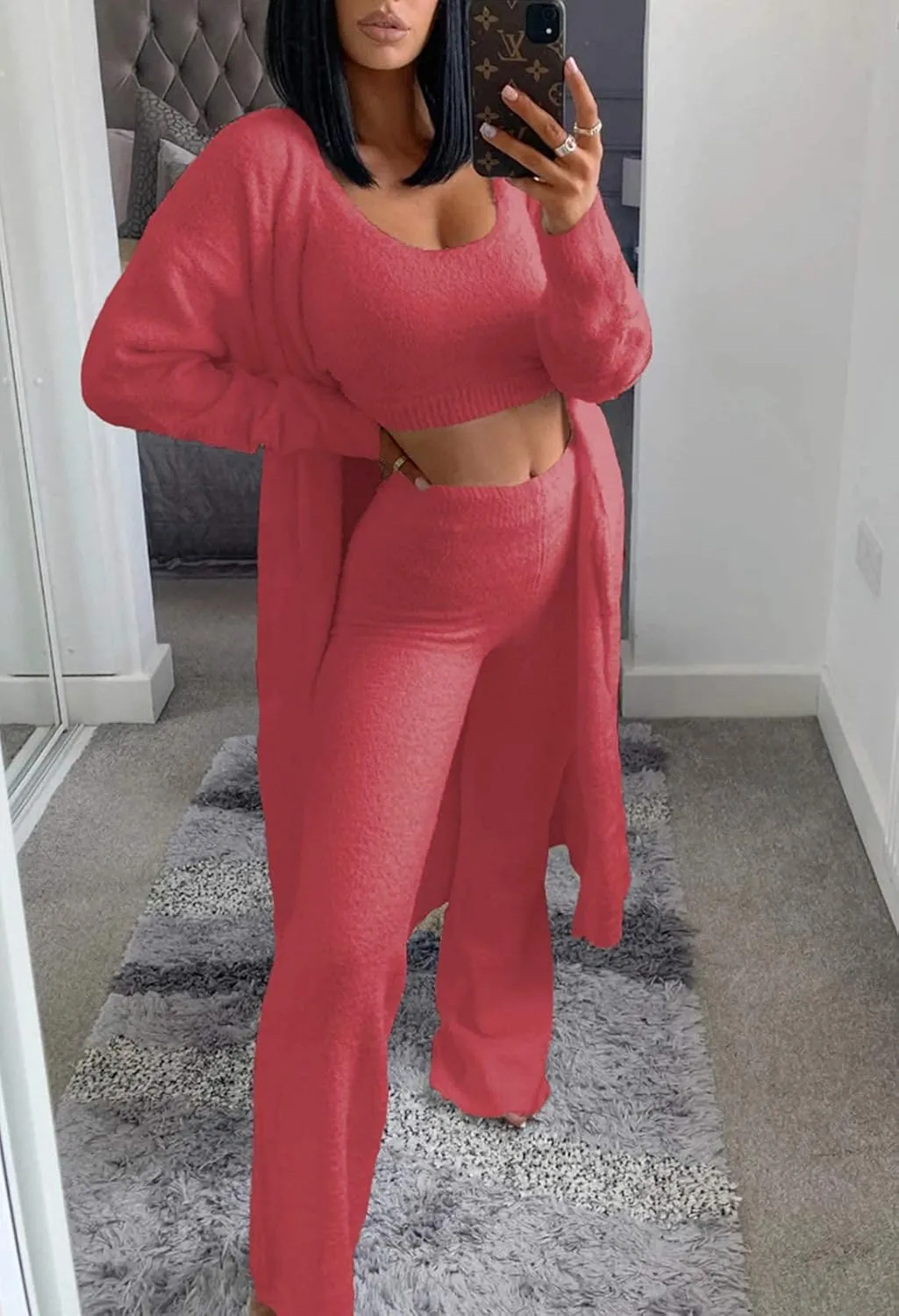 TOLENY Women's Fuzzy 3 Piece Lounge Sets Sweatsuits Open Front Cardigan Crop Tank Tops Wide Legs Pants Outfits