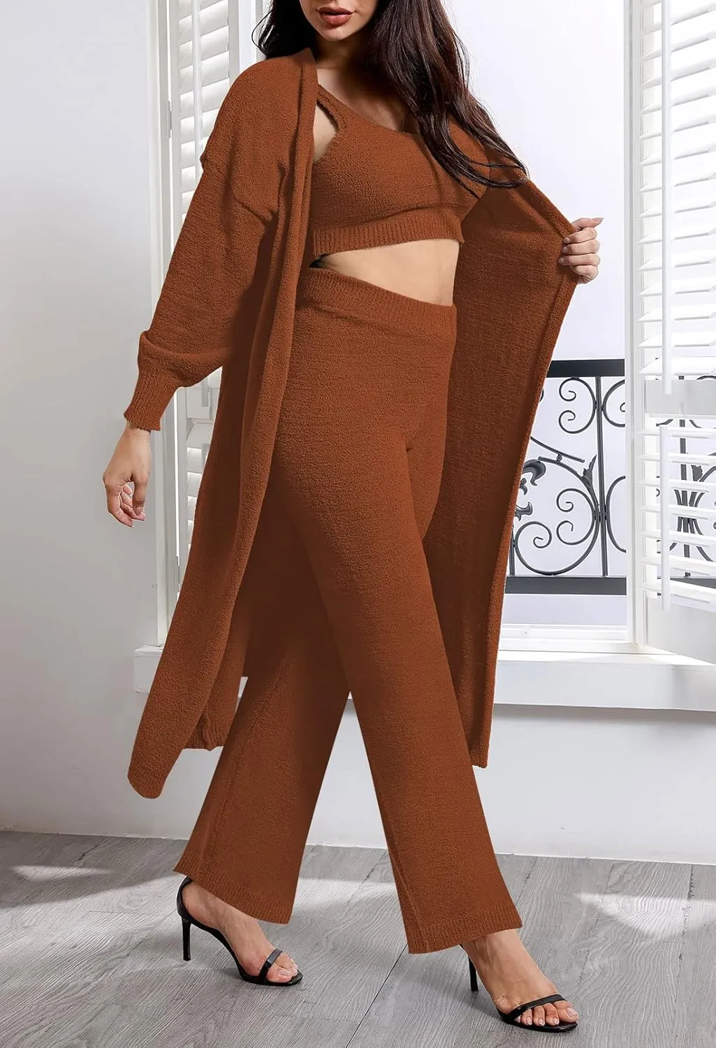 TOLENY Women's Fuzzy 3 Piece Lounge Sets Sweatsuits Open Front Cardigan Crop Tank Tops Wide Legs Pants Outfits