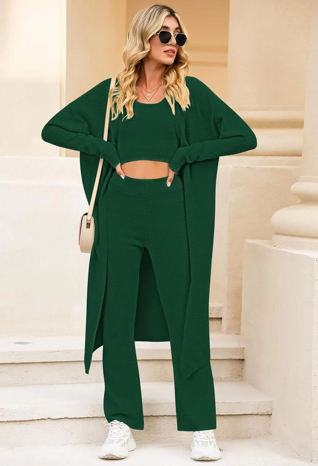 TOLENY Women's Fuzzy 3 Piece Lounge Sets Sweatsuits Open Front Cardigan Crop Tank Tops Wide Legs Pants Outfits