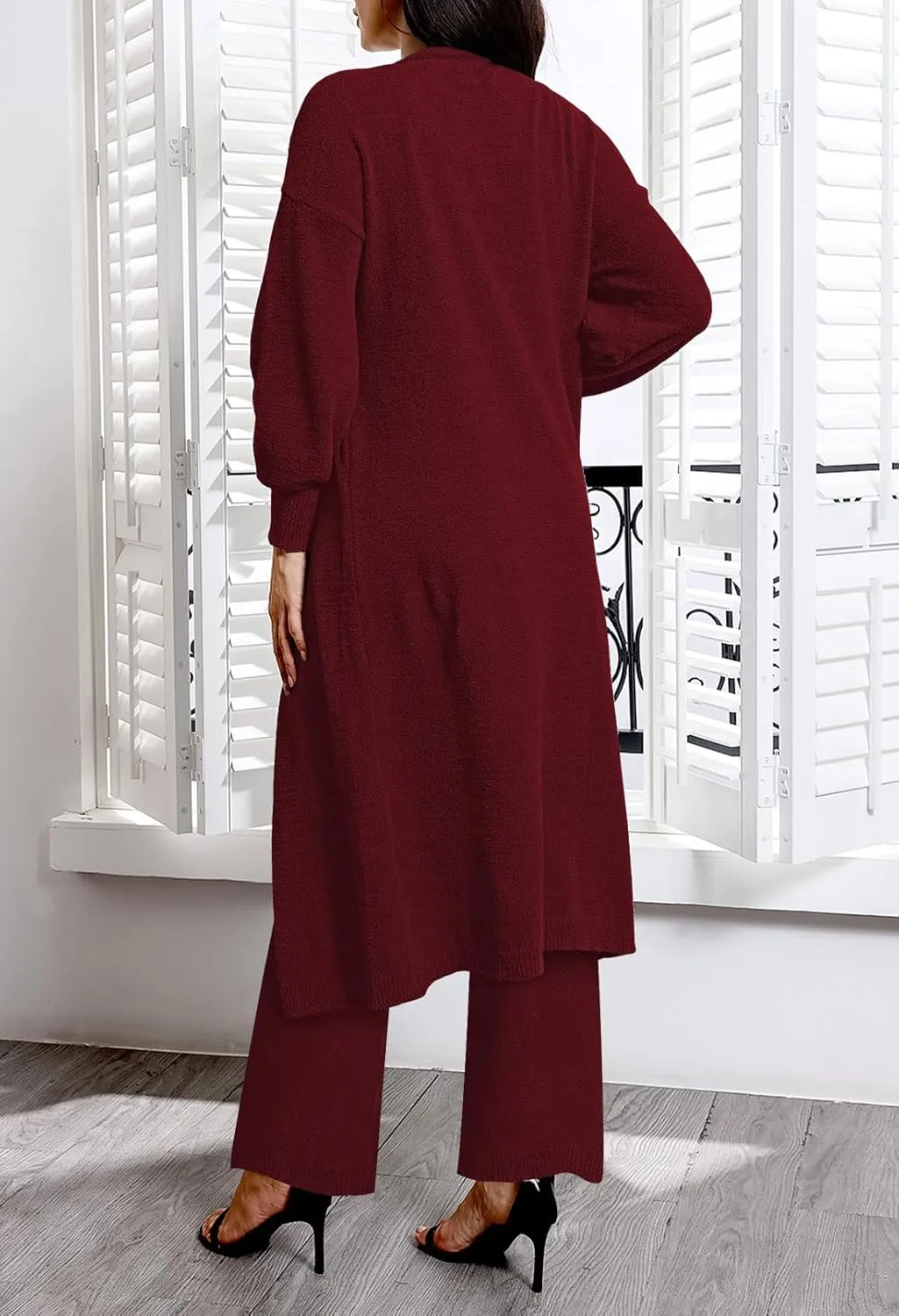 TOLENY Women's Fuzzy 3 Piece Lounge Sets Sweatsuits Open Front Cardigan Crop Tank Tops Wide Legs Pants Outfits