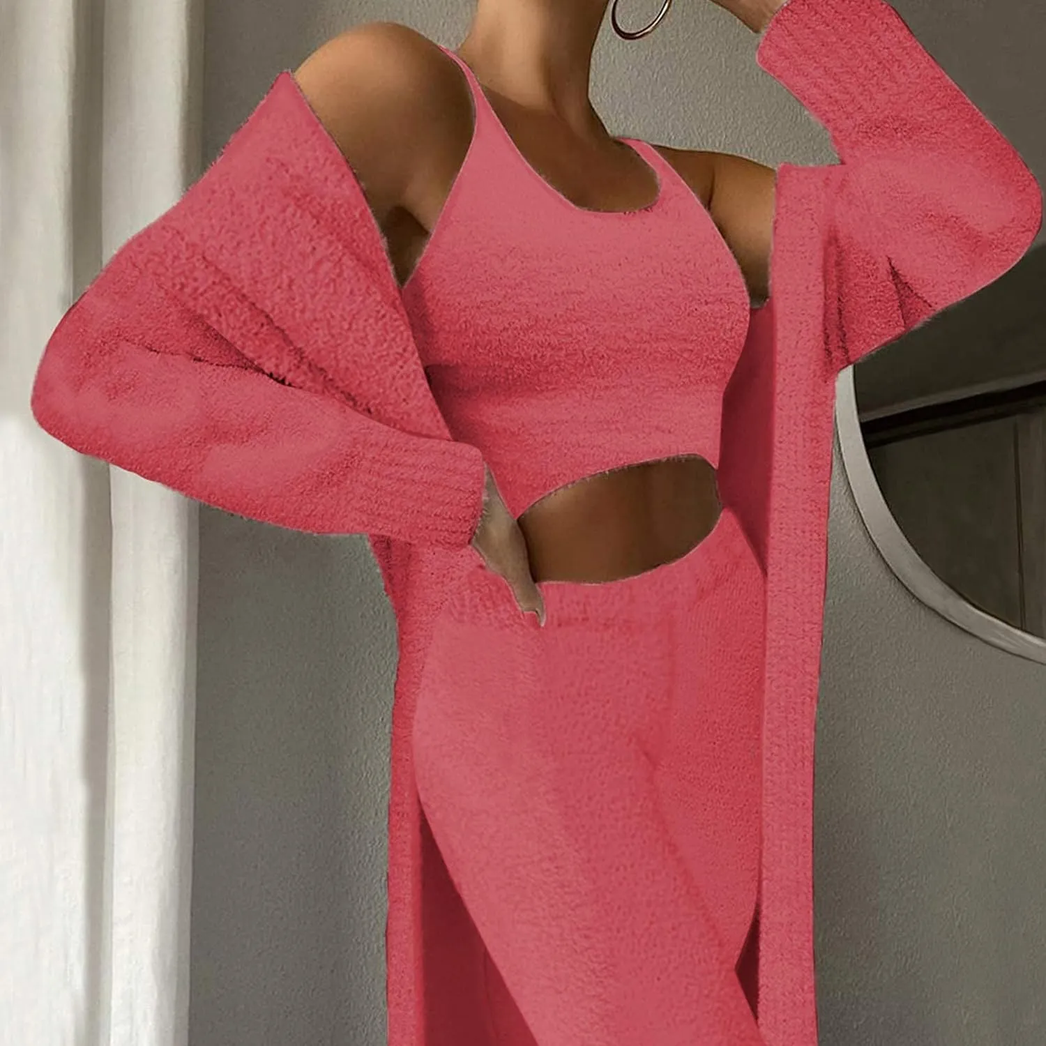 TOLENY Women's Fuzzy 3 Piece Lounge Sets Sweatsuits Open Front Cardigan Crop Tank Tops Wide Legs Pants Outfits