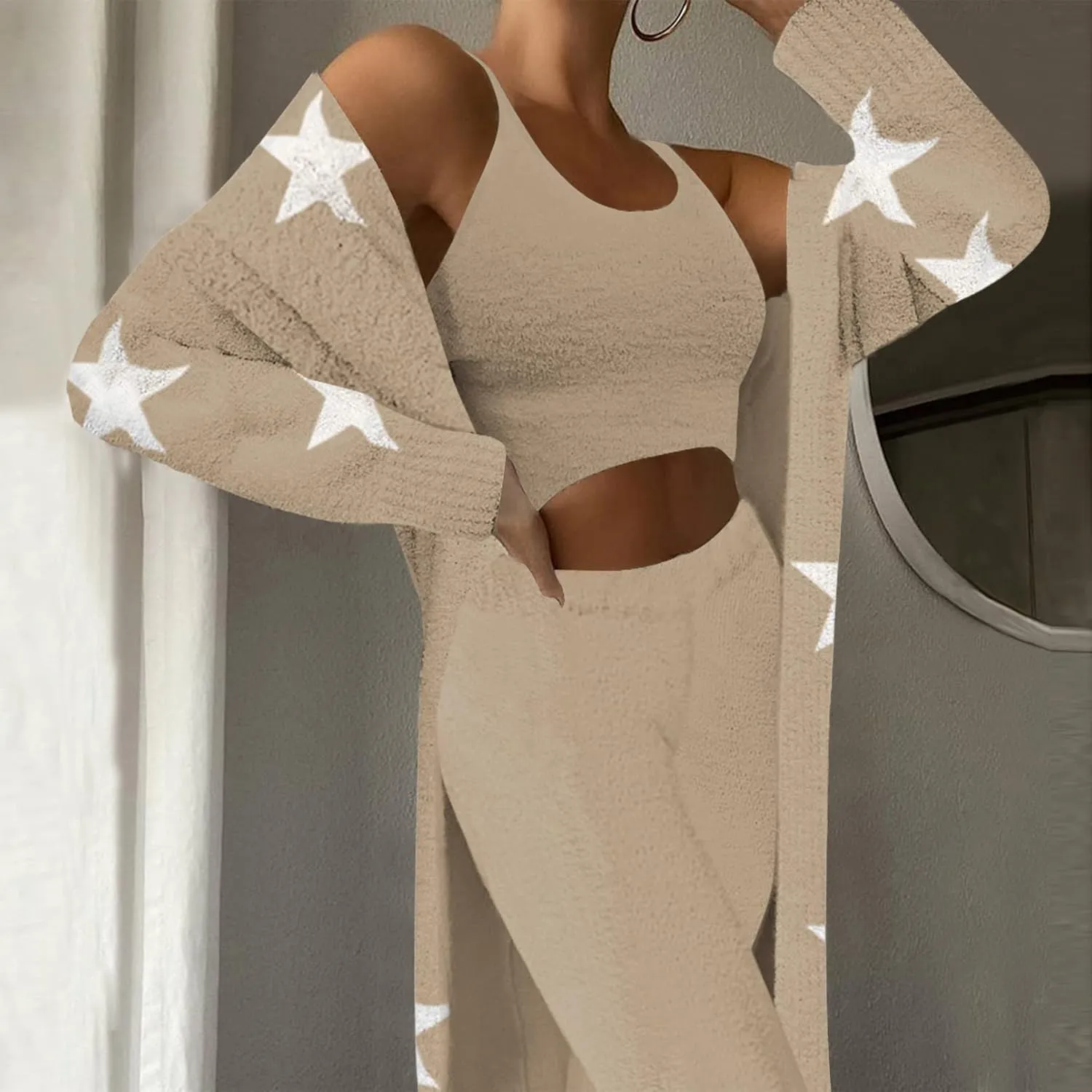 TOLENY Women's Fuzzy 3 Piece Lounge Sets Sweatsuits Open Front Cardigan Crop Tank Tops Wide Legs Pants Outfits
