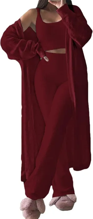 TOLENY Women's Fuzzy 3 Piece Lounge Sets Sweatsuits Open Front Cardigan Crop Tank Tops Wide Legs Pants Outfits