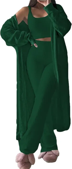 TOLENY Women's Fuzzy 3 Piece Lounge Sets Sweatsuits Open Front Cardigan Crop Tank Tops Wide Legs Pants Outfits