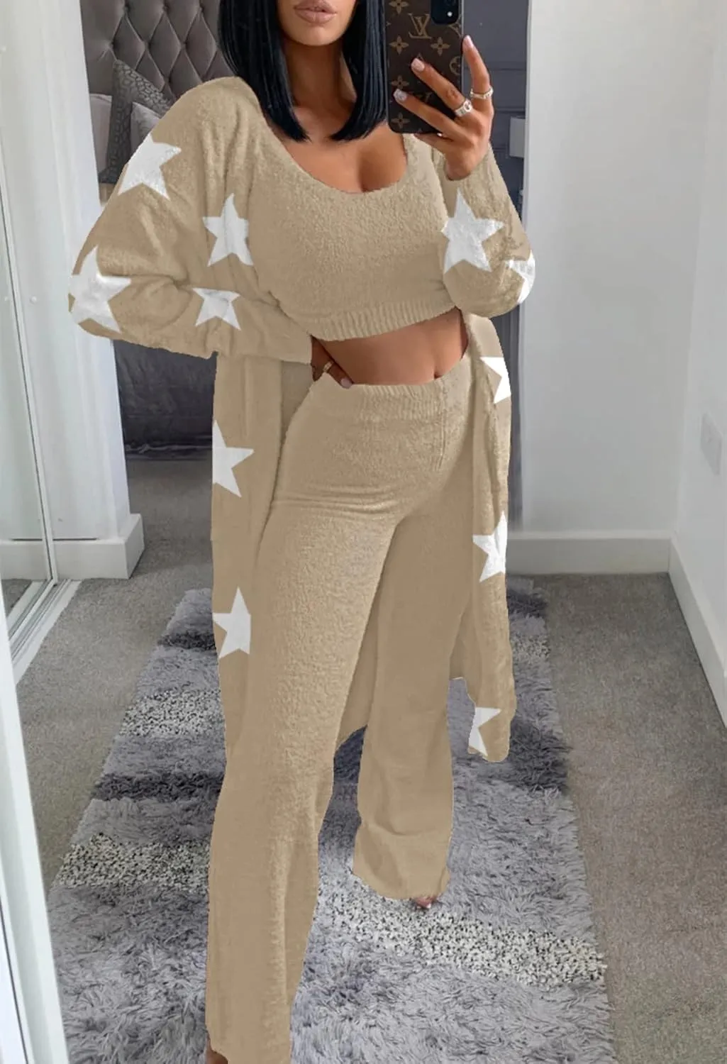 TOLENY Women's Fuzzy 3 Piece Lounge Sets Sweatsuits Open Front Cardigan Crop Tank Tops Wide Legs Pants Outfits