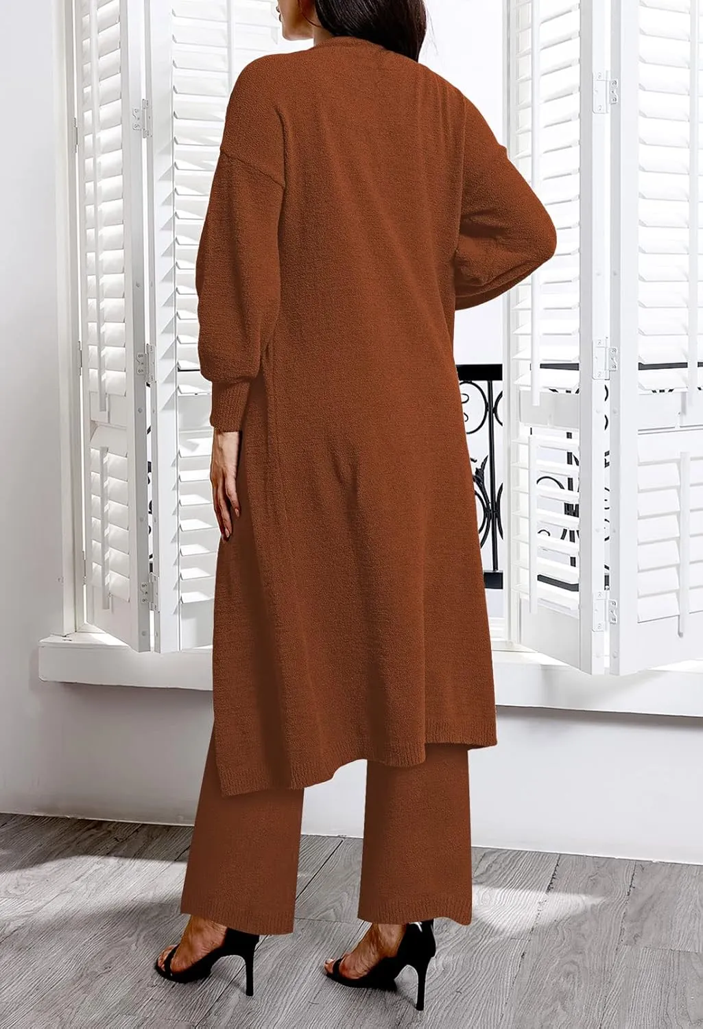 TOLENY Women's Fuzzy 3 Piece Lounge Sets Sweatsuits Open Front Cardigan Crop Tank Tops Wide Legs Pants Outfits