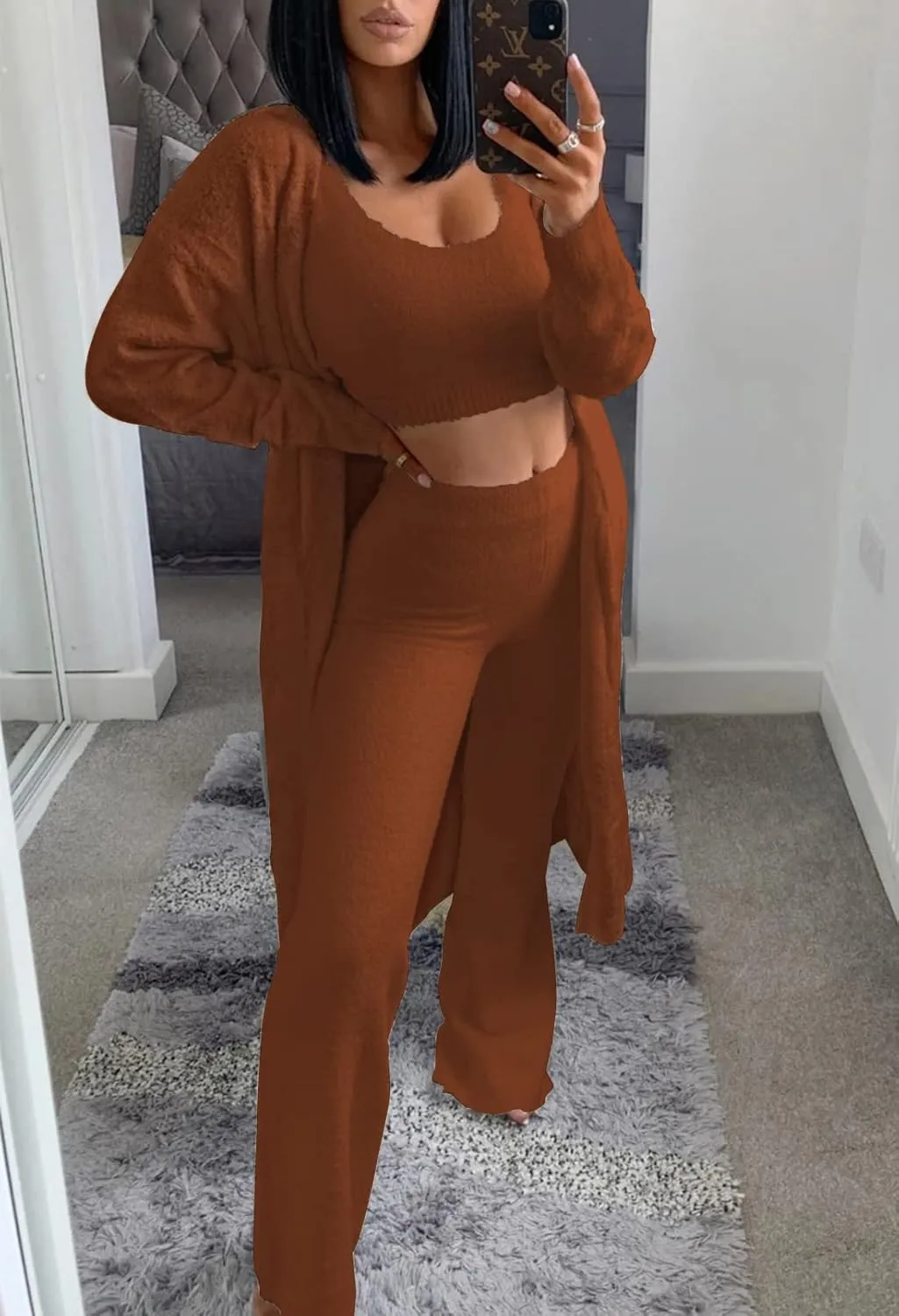 TOLENY Women's Fuzzy 3 Piece Lounge Sets Sweatsuits Open Front Cardigan Crop Tank Tops Wide Legs Pants Outfits