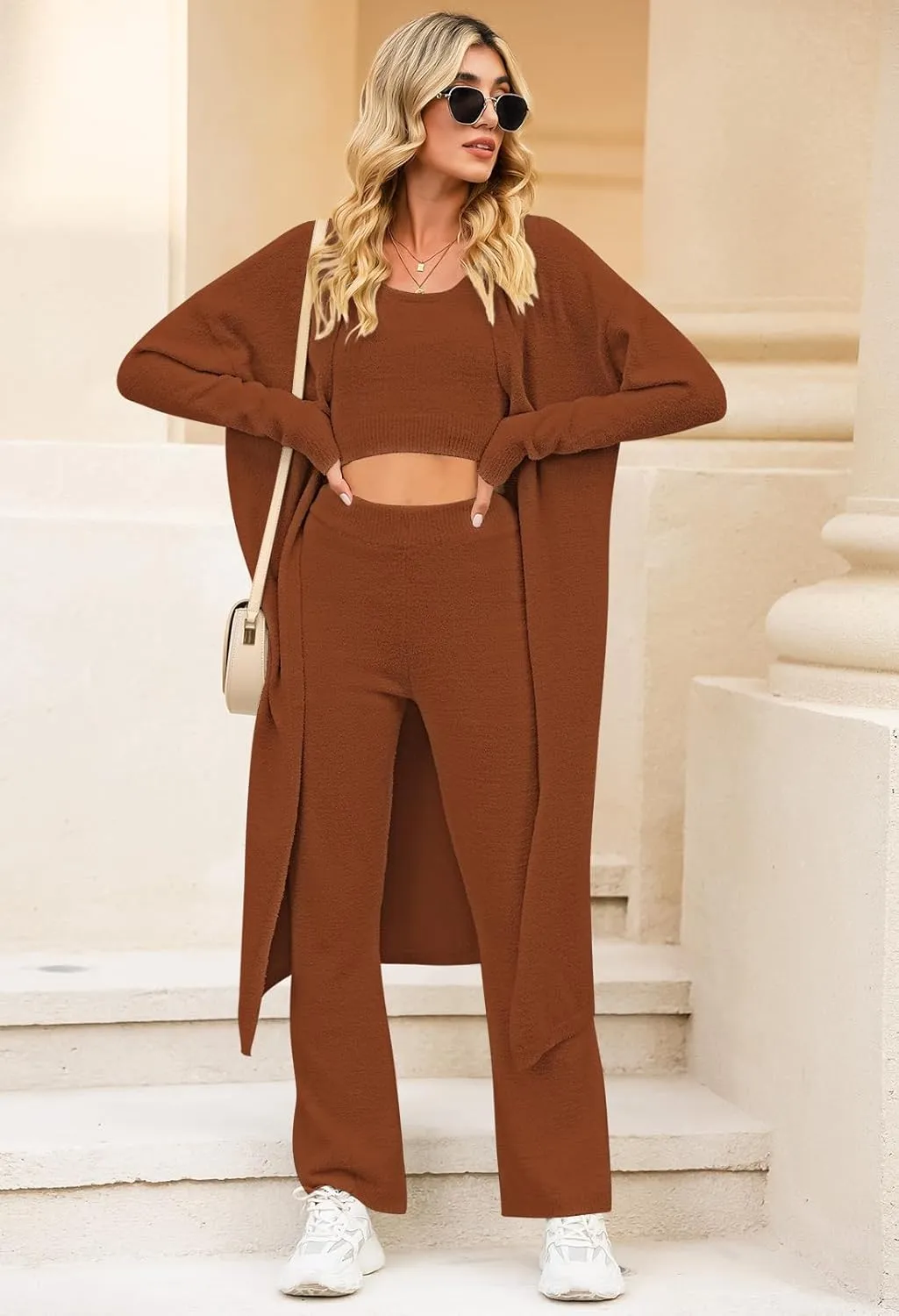 TOLENY Women's Fuzzy 3 Piece Lounge Sets Sweatsuits Open Front Cardigan Crop Tank Tops Wide Legs Pants Outfits