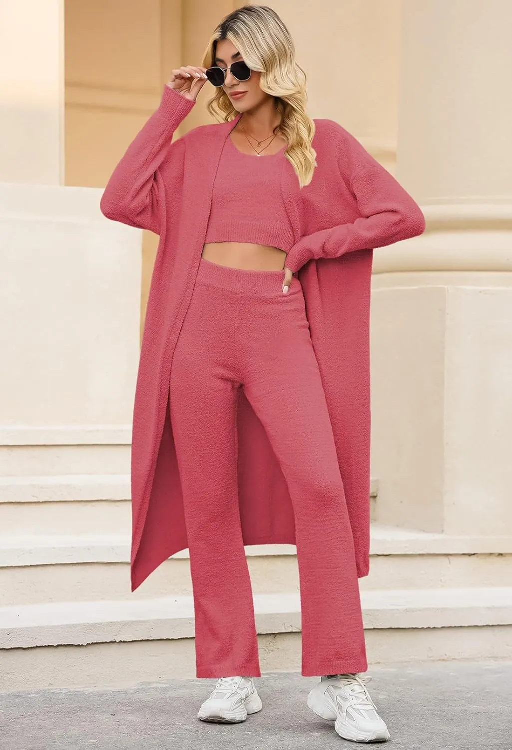 TOLENY Women's Fuzzy 3 Piece Lounge Sets Sweatsuits Open Front Cardigan Crop Tank Tops Wide Legs Pants Outfits